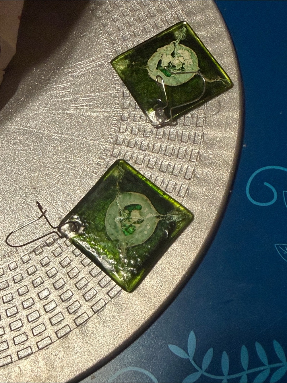 Green Glass Square Pendant Earrings - Unbranded